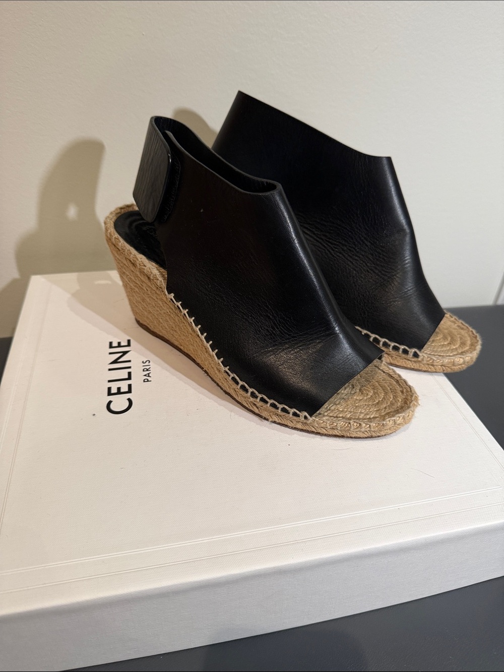 Celine Black Leather Espadrille Wedge Mules